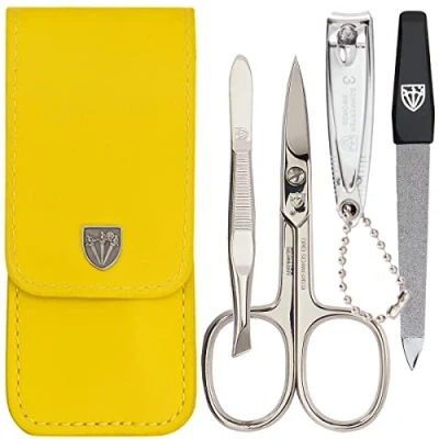 Abbildung von DREI SCHWERTER 4 tlg. Nagelpflegeset &#039;Capri&#039; Hochwertiges Nageletui für Maniküre und Pediküre. Farbe: Kunstleder Gelb Inhalt: Nagelschere, Nagelknipser, Pinzette, Saphirnagelfeile