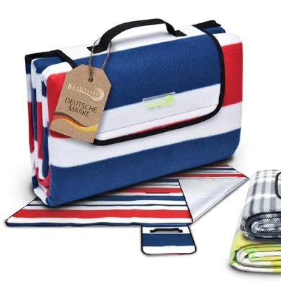 Abbildung von Beautissu XXL Picknickdecke Wasserdicht Isoliert Bella Tragbare Stranddecke 200x200 cm kompakt Strandmatte Outdoor Decke für Camping, Strand oder Schwimmbad Picnic Blanket Campingdecke Blau