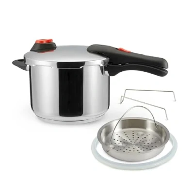 Abbildung von Amazon Basics Schnellkochtopf aus Edelstahl mit Dampfgarer, induktionsgeeignet 6 Liter, Silber