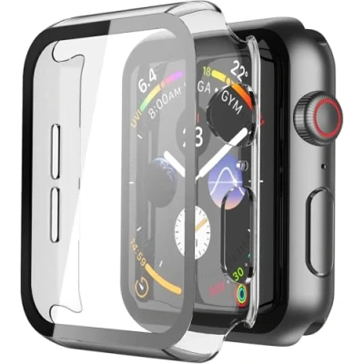 Abbildung von Misxi Transparent Hard Hülle mit Glas Displayschutz Kompatibel Apple Watch Series SE 2 (2024) / SE/Series 6 Serie 5 4 44mm, Stück