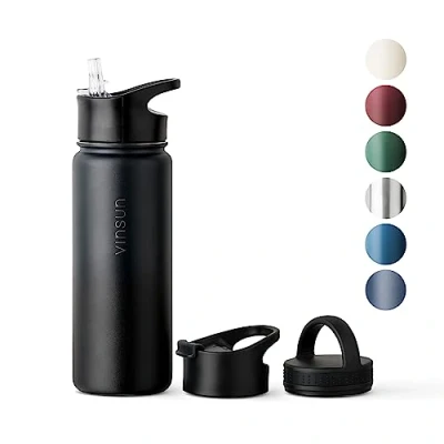 Abbildung von Vinsun Thermosflasche 500ml creme auslaufsicher, Kohlensäure geeignet, BPA frei 3 Deckel Edelstahl Trinkflasche Sport, Outdoor, Schule, Uni, Fahrrad, Büro, Camping