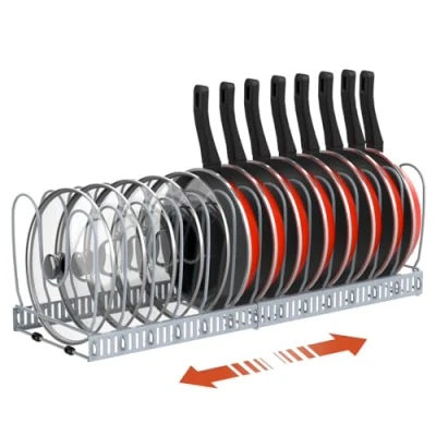 Abbildung von Housolution Pfannenhalter für Schublade, Erweiterbarer Topfdeckelhalter mit 14 Verstellbaren Teiler, Topfdeckel Aufbewahrung Pfannen Organizer Deckelhalter Küche, Grau