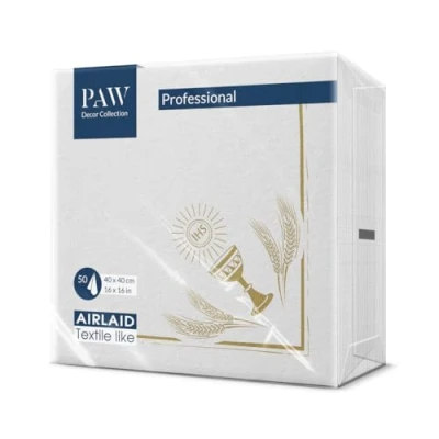 Abbildung von PAW Servietten aus Airlaid Stoffähnlich (40 x 40 cm) I 50 Stück Perfekt für Kommunion, Konfirmation, Taufe Hochwertige Tischdeko Stoffservietten IHS Messkelch My First Communion gold