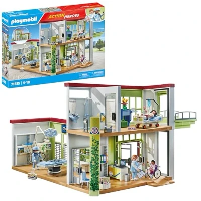Abbildung von PLAYMOBIL Action Heroes 71615 Modernes Krankenhaus, mit Vier Figuren, medizinischen Geräten und Accessoires, zu über 80 % aus recycelten biobasierten Materialien, Spielzeug für Kinder ab 4 Jahren