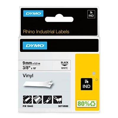Abbildung von DYMO Rhino Industrie Vinyletiketten 9 mm x 5,5 m schwarz auf weiß selbstklebendes Schriftband für und LabelManager Beschriftungsgerät