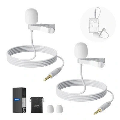 Abbildung von NEEWER 2er Pack Lavalier Ansteckmikrofon, kompatibel mit Rode Wireless GO II 2 DJI Kabelloses Mikrofon Sender, omnidirektionale Kondensator Lapel Mic Kabel für Bühne YouTube Live Stream, CM5, Weiß
