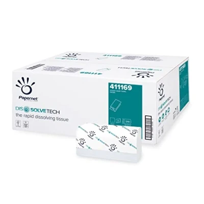 Abbildung von Papernet DissolveTech 411169 V Falz Papierhandtuch, 2 lagig schnell lösliche Papierhandtücher, weiße Handtücher, kompatibel mit Spender C/V 417204, 416143 15 Packungen à 210 Blatt, 21 x 22 cm