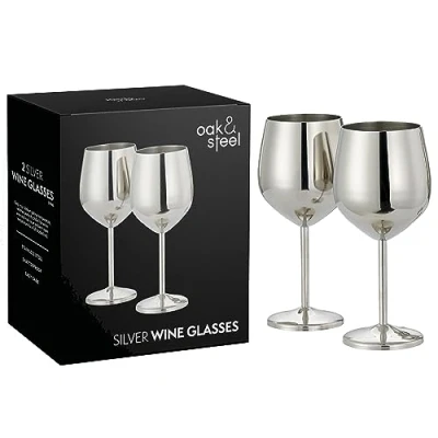 Abbildung von Oak &amp; Steel 2 Silberne Weingläser aus Edelstahl (520ml) Bruchsichere Metallgläser, Rotweingläser für besondere Anlässe mit Geschenkbox