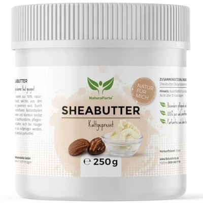 Abbildung von NaturaForte Sheabutter unraffiniert &amp; kaltgepresst 250g Naturreine Kosmetik Körperbutter, vegan, parfümfrei, feuchtigkeitsspendend rückfettend, für alle Hauttypen