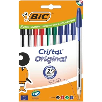 Abbildung von BIC Cristal Original Kugelschreiber mit mittlerer Spitze (1,00 mm), passenden Kappen und Endstücken verschiedene Tintenfarben, Kartonschachtel à 10