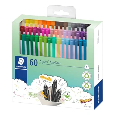 Abbildung von STAEDTLER Fineliner triplus, dreikant, superfeine, metallgefasste Spitze, Linienbreite ca. 0.3 mm, hohe Qualität Made in Germany, Set mit 60 brillanten Farben, 334 C60