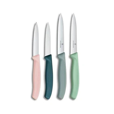 Abbildung von Victorinox Swiss Classic, Tomaten und Gemüsemesser Set, 4teilig, Scharfe Klinge, 8 10 cm, Wellenschliff, Rostfreier Stahl, Pink Grün