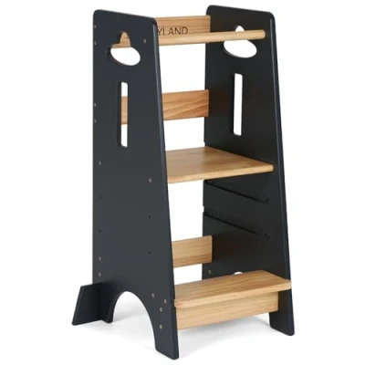 Abbildung von COSYLAND Lernturm ab 18 Monaten 6 Jahre für Kinder Höhenverstellbarer Tritthocker die Küche Stabil Learning Tower Kinder, 3 stufig Verstellbarer (Holzfarbe und Grau)