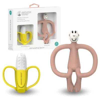 Abbildung von Matchstick Monkey Geschenkset Beißring 2er Set Antimikrobielle Zahnungshilfe Gel Applikator für wundes Zahnfleisch BPA frei leicht zu greifen ab 3 Monaten Banane &amp; Affe rosa