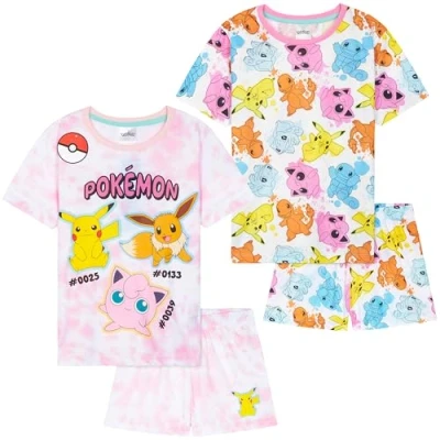 Abbildung von Get Trend Pokemon Schlafanzug Mädchen Kurz Kinder Sommer Pyjama Tie Dye 2er Pack Weich Nachthemd Set für Teenager (9 10 Jahre, Multi Pokemon, 2)