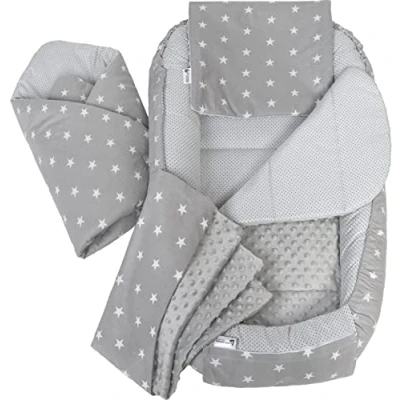 Abbildung von Medi Partners 5 teilig Babynestchen Set Babynest 100x60x15 herausnehmbarer Einsatz Bett Kuschelnest Krabbeldecke Babys Neugeborene 100% Baumwolle (Sternen mit graue Minky)