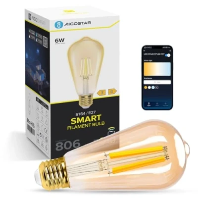 Abbildung von Aigostar Alexa Glühbirne E27 6 W Edison Leuchtmittel Vintage WiFi ST64 Smart Retro, kompatibel mit und Google Home, dimmbar 2700 K 6500 K, Fernbedienung über App