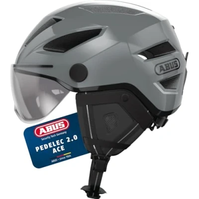 Abbildung von ABUS Stadthelm Pedelec 2.0 ACE Fahrradhelm mit Rücklicht, Visier, Regenhaube, Ohrenschutz für Damen und Herren Grau, Größe S​
