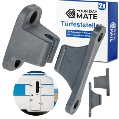 Abbildung von Türfeststeller für Wohnwagen, 2 Pack, in Grau, zum Anschrauben, mit 35 mm und 48 Lochabstand, Türschloss Stauraum Tür Camper, Türhalter Serviceklappe Wohnmobil, Türschnapper Campervan, Türsicherung