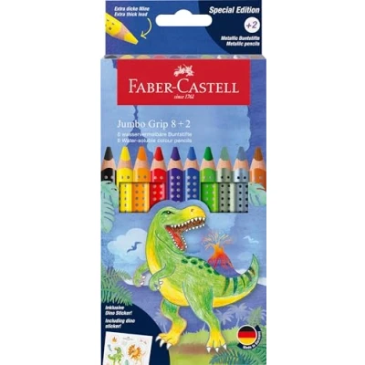 Abbildung von FABER CASTELL 110922 Buntstifte Set Jumbo Dino, 10 teilig, bruchsicher, inkl. 2 Metallic Stifte und Dino Sticker
