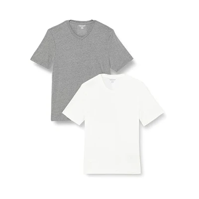 Abbildung von Amazon Essentials Herren Kurzärmliges T Shirt mit V Ausschnitt in normaler Passform (in Übergrößen erhältlich), 2er Pack, Grau Meliert/Weiß, M