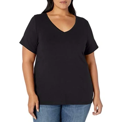 Abbildung von Amazon Essentials Damen T Shirt mit V Ausschnitt und kurzen Ärmeln in Übergröße, Schwarz, 3XL Große Größen