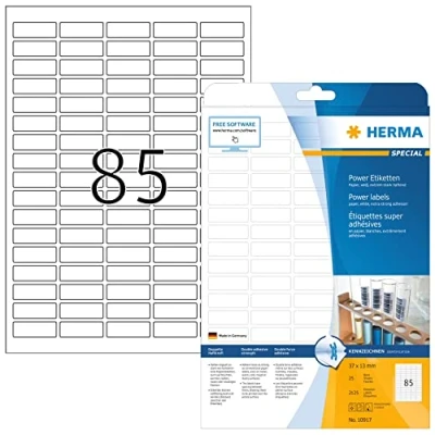 Abbildung von HERMA 10917 Power Etiketten, 25 Blatt, 37 x 13 mm, 85 pro A4 Bogen, 2125 Stück, selbstklebend, bedruckbar, extrem stark haftend, blanko Papier Klebeetiketten Aufkleber, weiß
