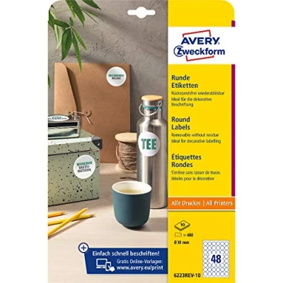 Abbildung von AVERY Zweckform 6223REV 10 runde Etiketten (480 Klebepunkte, Ø30mm auf A4, Aufkleber zum Bedrucken, wieder rückstandsfrei ablösbar/abziehbar, selbstklebende Marmeladenetiketten) Blatt, weiß