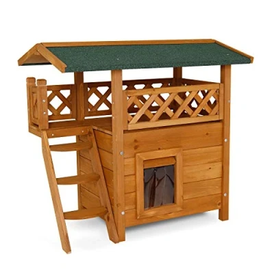 Abbildung von lionto Katzenhaus mit Terrasse und Treppe, Outdoor Lodge für Katzen aus robustem Holz bietet Schutz vor Witterung, 77x50x73 cm, PVC Lamellen schützen Wind, Montageanleitung mitgeliefert, braun