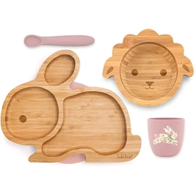 Abbildung von Koko Kids® Bamboo and Silicone Feeding Set Rabbit Suction Plate, Lamb Bowl, Cup Spoon (Rosa)