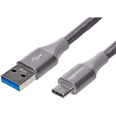 Abbildung von Amazon Basics Schnellladekabel, USB C auf A 3.1 (Gen. 1), Nylonumwicklung, 5 GBit/s Highspeed, IF zertifiziert, für Apple iPhone 15, iPad, Samsung Galaxy, Tablets, Laptops, 1.80 m, dunkelgrau