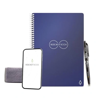 Abbildung von Rocketbook Core Wiederverwendbares Digitales Notizbuch Executive A5 Blau Elektronischer Notizblock mit Punktraster Wiederbeschreibbar inkl. Pilot Frixion Stift und Mikrofasertuch