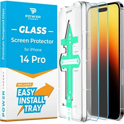 Abbildung von Power Theory Schutzglas für iPhone 14 Pro Schutzfolie, Displayschutz Glass mit Anbringhilfe, Displayschutzfolie, Glas Folie Schablone [2 Stück]