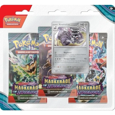 Abbildung von Pokémon Sammelkartenspiel: 3er Pack Blister Karmesin &amp; Purpur Maskerade im Zwielicht: Knattatox (3 Boosterpacks 1 holografische Promokarte)