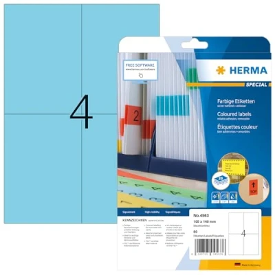 Abbildung von HERMA 4563 Farbige Etiketten blau ablösbar, 20 Blatt, 105 x 148 mm, 4 pro A4 Bogen, 80 Stück, selbstklebend, bedruckbar, matt, blanko Papier Farbetiketten Aufkleber