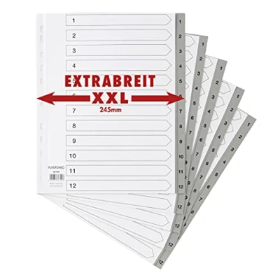 Abbildung von 5er Set XXL 12 teiliges Register/Trennblätter extra breit aus PP, DIN A4+ mit Zahlen 1 12, volldeckend Deckblatt stabilem Papier. Trenn Blätter überbreit für die Ordner Organisation im Büro
