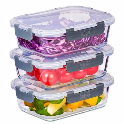 Abbildung von Igluu Meal Prep Glasbehälter mit auslaufsicheren Schnappverschlüssen luftdichte Aufbewahrung von Lebensmitteln. BPA frei, mikrowellengeeignet, backofen und spülmaschinenfest 1050ml (3er Pack)