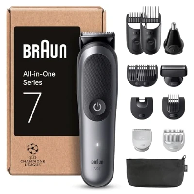Abbildung von Braun All in One Series 7, 12 1 Groomingset, ProBlade, Nasenhaartrimmer, AutoSense, Rasierer Herren Elektrisch, Body Rasierer, Barttrimmer und Haarschneider, 120 Min Akku, AIO7545, Grau