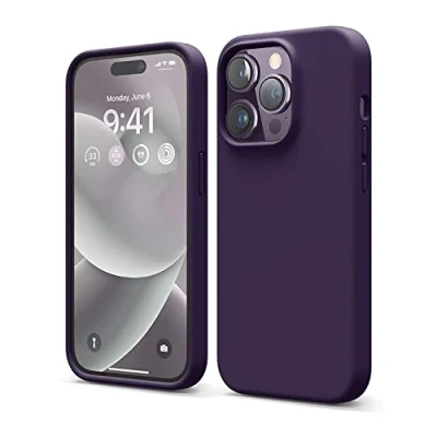 Abbildung von elago Schutzhülle für iPhone 14 Pro, Flüssigsilikon, Ganzkörper Schutzhülle, stoßfest, schlanke Handyhülle, kratzfestes weiches Mikrofaserfutter, 15,5 cm (6,1 Zoll), Dunkelviolett
