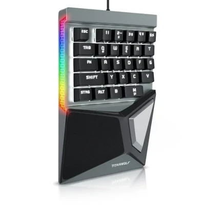 Abbildung von Titanwolf Einhand Gaming Tastatur, Keypad Ziffernblock, mechanische Tastatur kabelgebunden mit 28 Tasten und ergonomischer Handballenauflage für PC, Laptop, Notebook, Schwarz