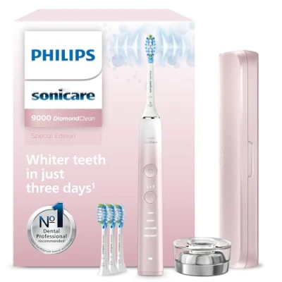 Abbildung von Philips Sonicare DiamondClean Elektrische Zahnbürste, 9000er Serie, Sonderedition Schallzahnbürste, sauberere Zähne, 4x C3 Premium Plaque Defense Bürstenköpfen, pink (Modell HX9911/79)