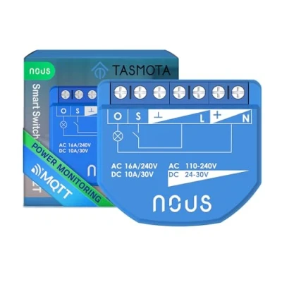 Abbildung von NOUS WiFi Smart Switch Modul mit Tasmota und Leistungsmesser, AC 16A/DC 10A, ESP32, Temp Sensor, Matter &amp; MQTT, 1 Kanal, Trockenkontakte, Kompatibel Alexa, Home Assistant, Google Home, Apple