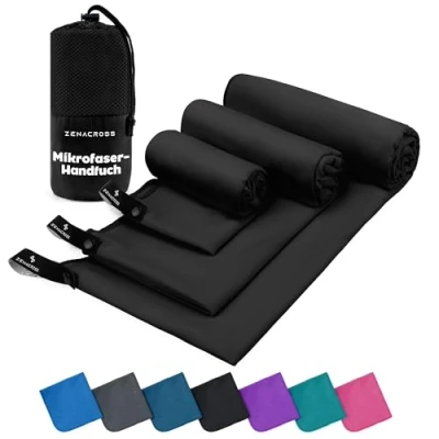 Abbildung von ZENACROSS Mikrofaser Handtuch 3er Set mit Transportbeutel Schnelltrocknendes und vielseitiges Fitness Sporthandtuch Größen XS, S, M Schwarz