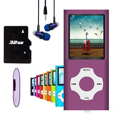 Abbildung von Hotechs MP3 Player/MP4 Player, Player mit 32 GB Speicherkarte, schlankes Design, digitales LCD Display, 4,6 cm (1,8 Zoll) FM Radio (Lila)