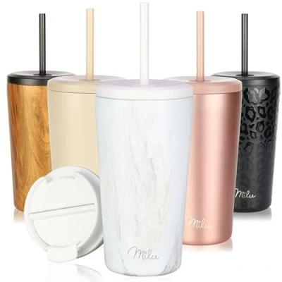 Abbildung von Milu Thermobecher 300ml, 400ml, 500ml 100% Auslaufsicher Edelstahl Kaffeebecher to go isoliert mit Strohhalm hält 10h heiß / 20h kalt, BPA frei (Pink Marble, 500ml)
