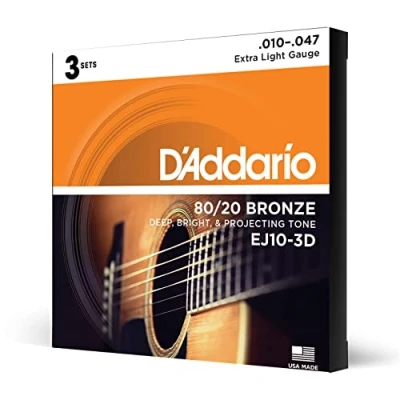 Abbildung von D&#039;Addario Gitarrensaiten Westerngitarre 80/20 Phosphor Bronze Akustikgitarre Acoustic Guitar Strings EJ10 3D Extra Light, 10 47 3 Stück