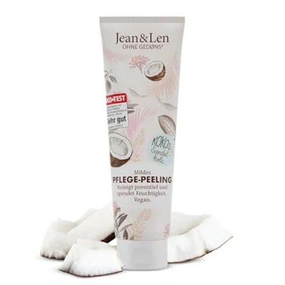 Abbildung von Jean &amp; Len Cremiges Dusch Peeling Kokos Sandelholz, reinigt porentief und nährt die Haut, mit natürlichen Sandperlen, Body Scrub, ohne Parabene Silikone, vegan, 125 ml