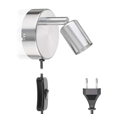 Abbildung von ledscom.de Leselampe/Wandleuchte LUNARA, Schalter, Stecker, edelstahl matt, 1x GU10 max. 25W, Gu10, Wandlampe, Wandleuchte, Lampe, Wand, Led, Innen, Kabel, Leselampe, Steckdose