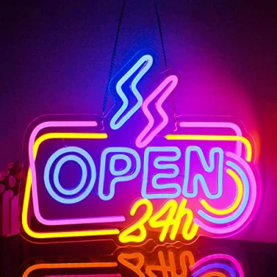 Abbildung von Looklight Open 24H Neonschild, bunte LED Neonschilder für Wanddekoration, dimmbare offene Neonschilder, offenes Neonschild Geschäfte, Schaufenster Türen Bars Salons Cafés Geschäfte Hotels