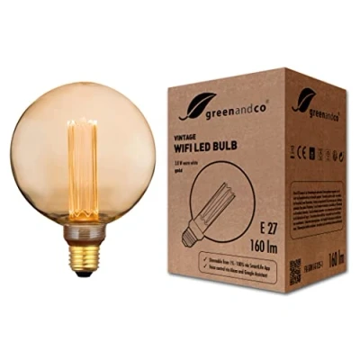 Abbildung von greenandco® Smart WiFi Vintage Design LED Lampe E27 G125, 3.8W 160lm 1800K 320 230V, flimmerfrei, dimmbar, kompatibel mit Alexa und Google Assistant, WLAN (ohne Hub), 2 Jahre Garantie